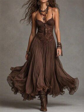 Spaghetti Strap Floral Lace Maxi Dress, Ruched Flowy Ruffle Chiffon Swing